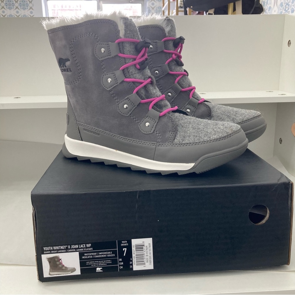Sorel Youth Boots in Gray with Pink Accents